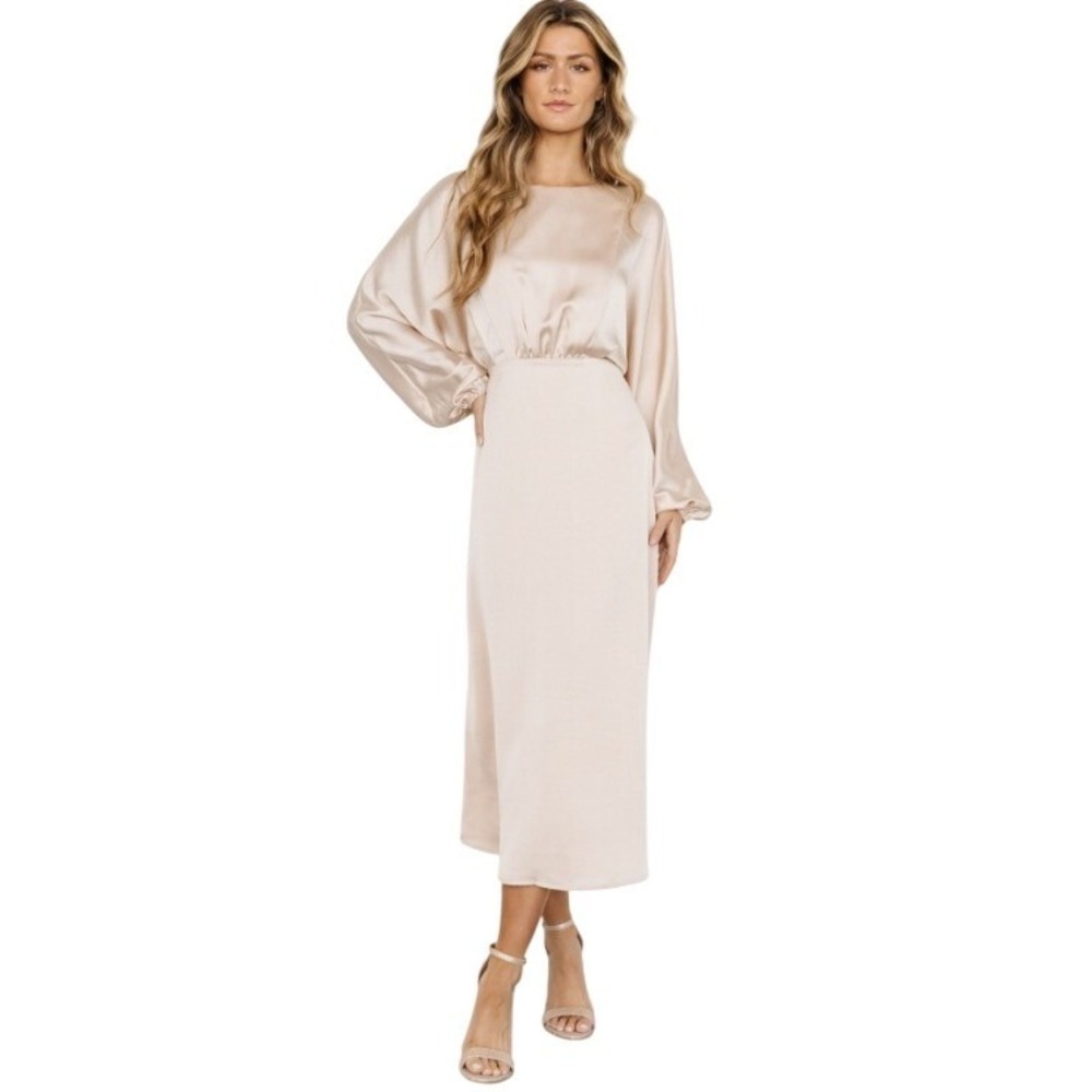 Baltic Born Women's Balta Satin Long Sleeve Midi Dress Champagne Size Large NWT